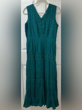 Nation Ak Outfits Women's Teal Crochet-Like Tiered Skirt Maxi Dress Size Medium